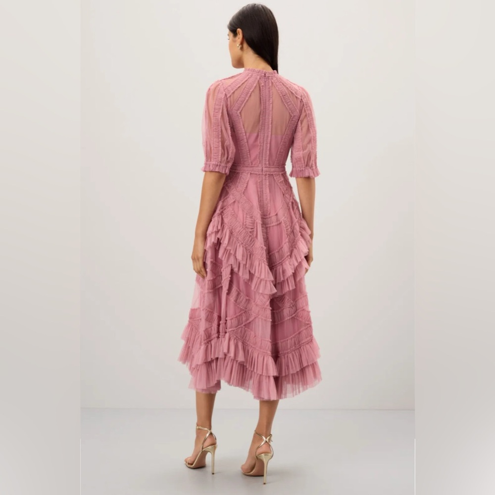 Mac Duggal Mauve Pink Lace-Trim Midi Dress - Picture 2 of 14